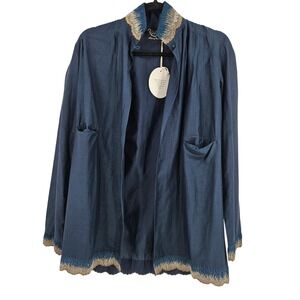 Thierry Colson Jacket Blue Silk Cotton Embroidered Open Front Handmade NWT S